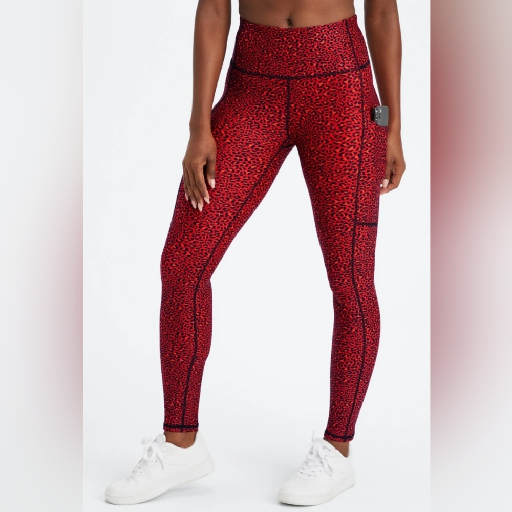 NWT•Fabletics High-Waisted Cold Weather Leggings•Electric Cherry Mini Leopard•XS
